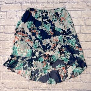 By & By Floral Midi Skirt High Low Flounce Ruffle Hem Blue and Green Size Medium